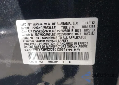 2013 Honda Pilot Ex-L from USA, damaged, VIN 5FNYF3H5XDB012974